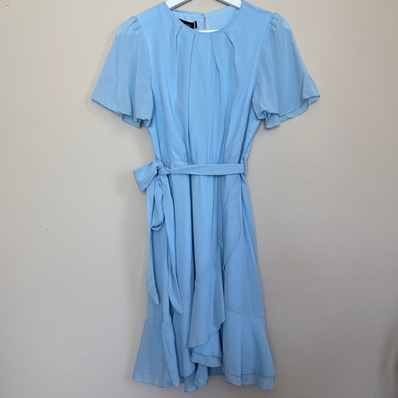 Powder Blue Women’s Mini Wrap Dress Ruffle Chiffon Alice in Wonderland Medium - Picture 1 of 10